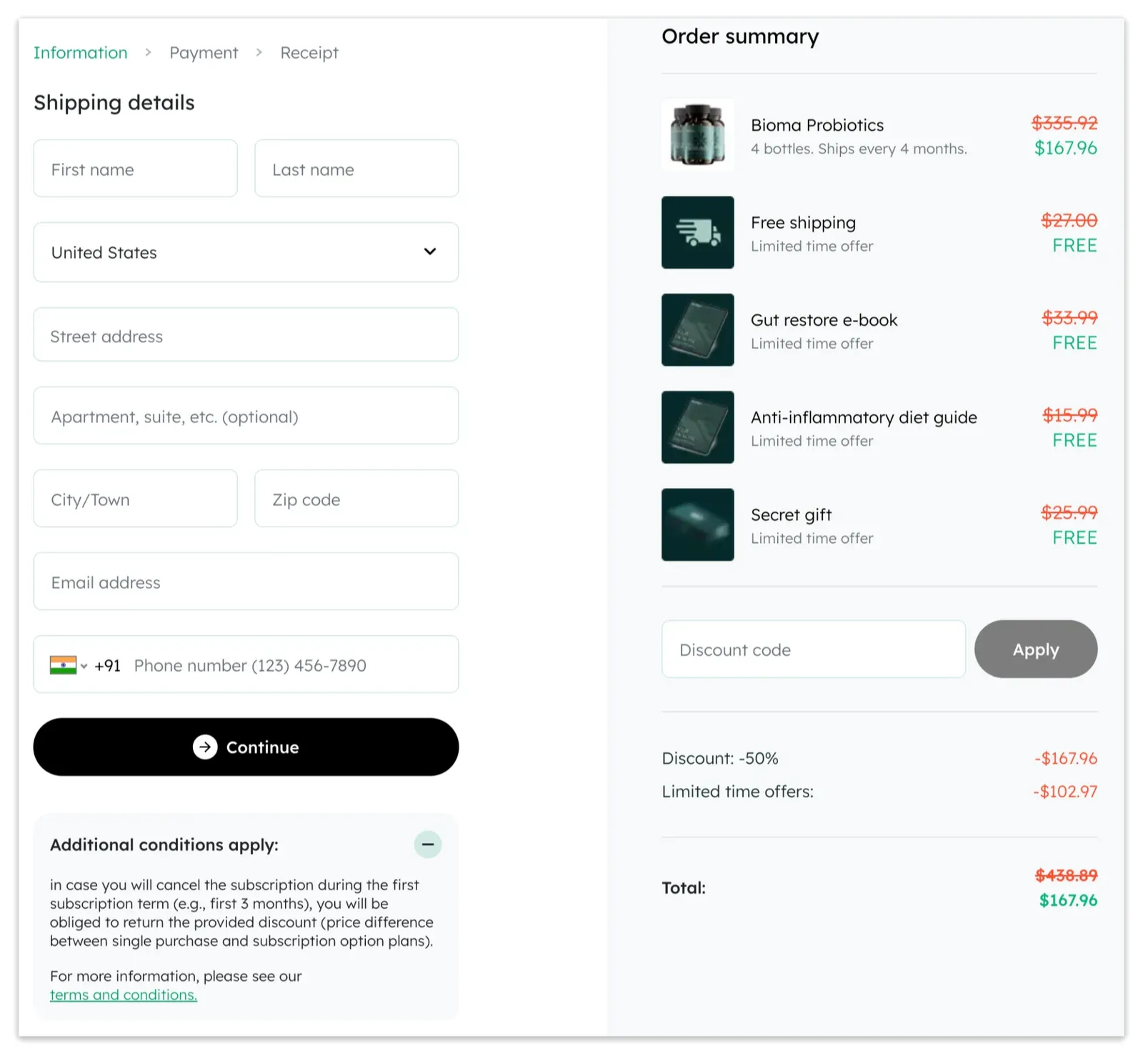 Bioma Probiotics checkout page